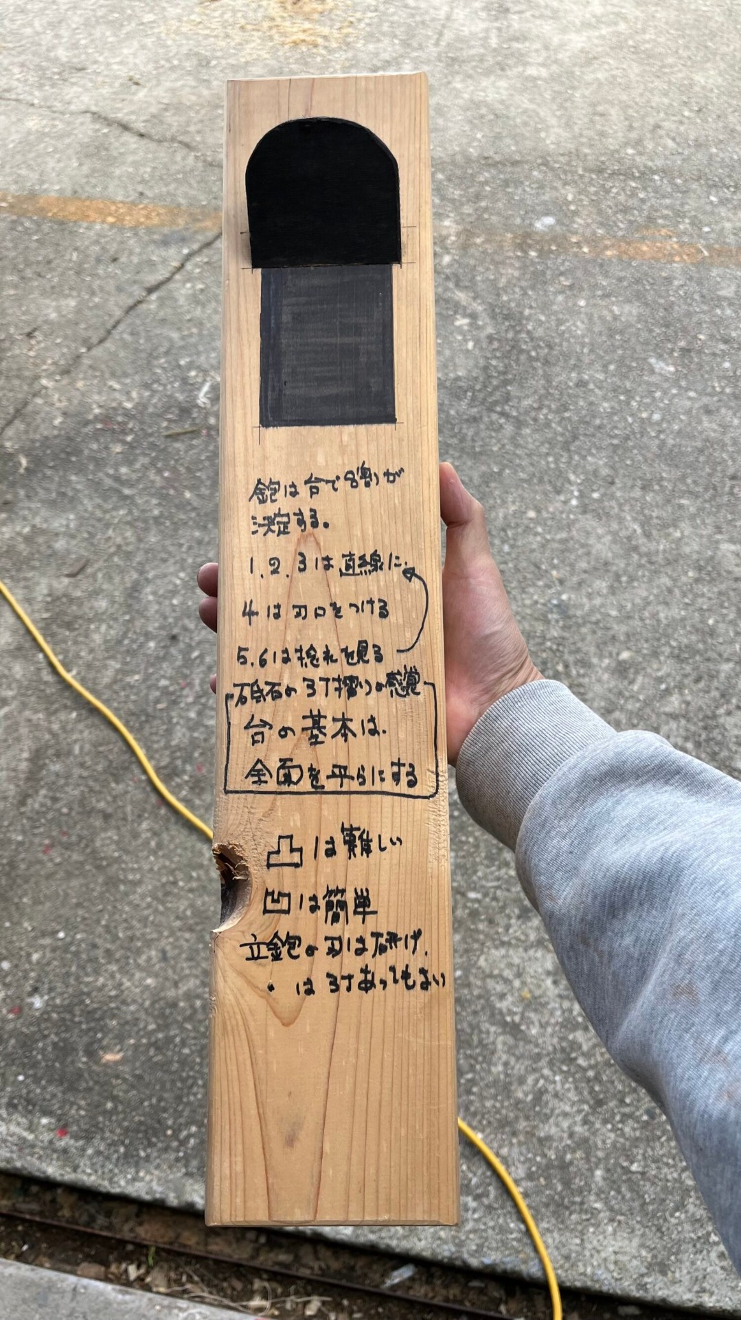 Hand plane body with student notes in Japanese